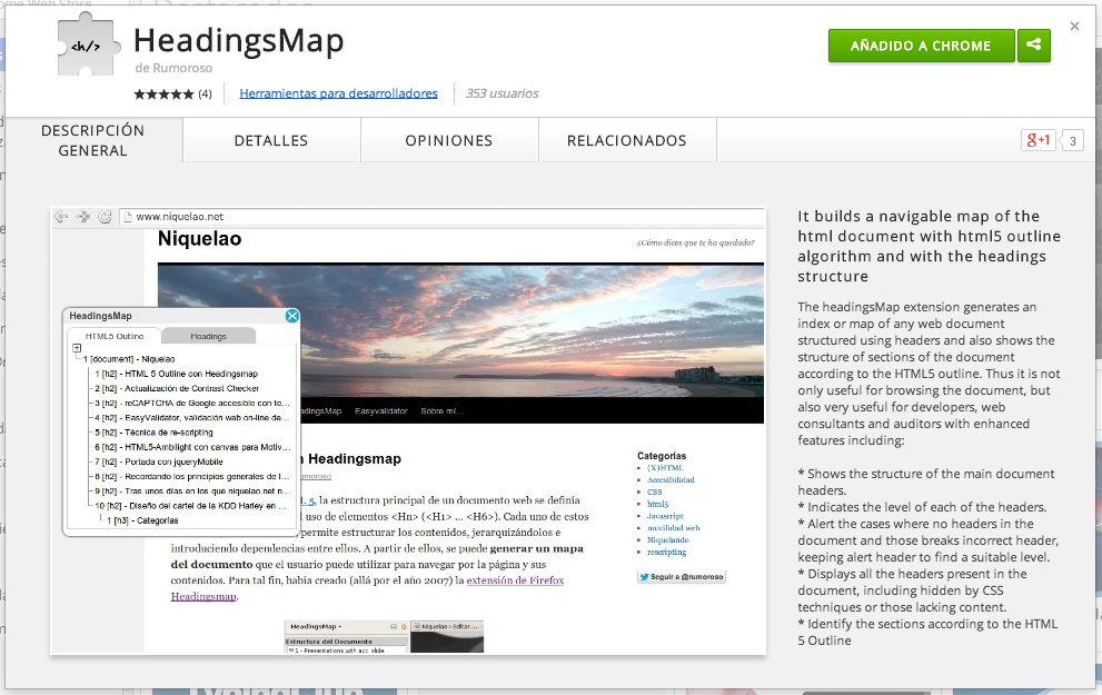 Screenshot of the Chrome extension for Headings Map